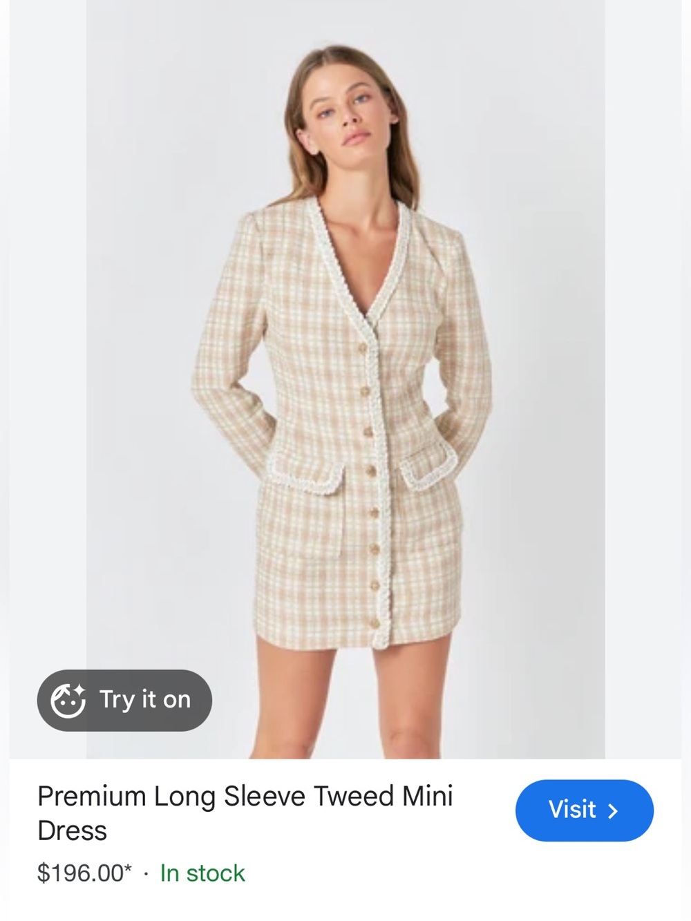 Tweed Button-Front Mini Dress in Beige Plaid